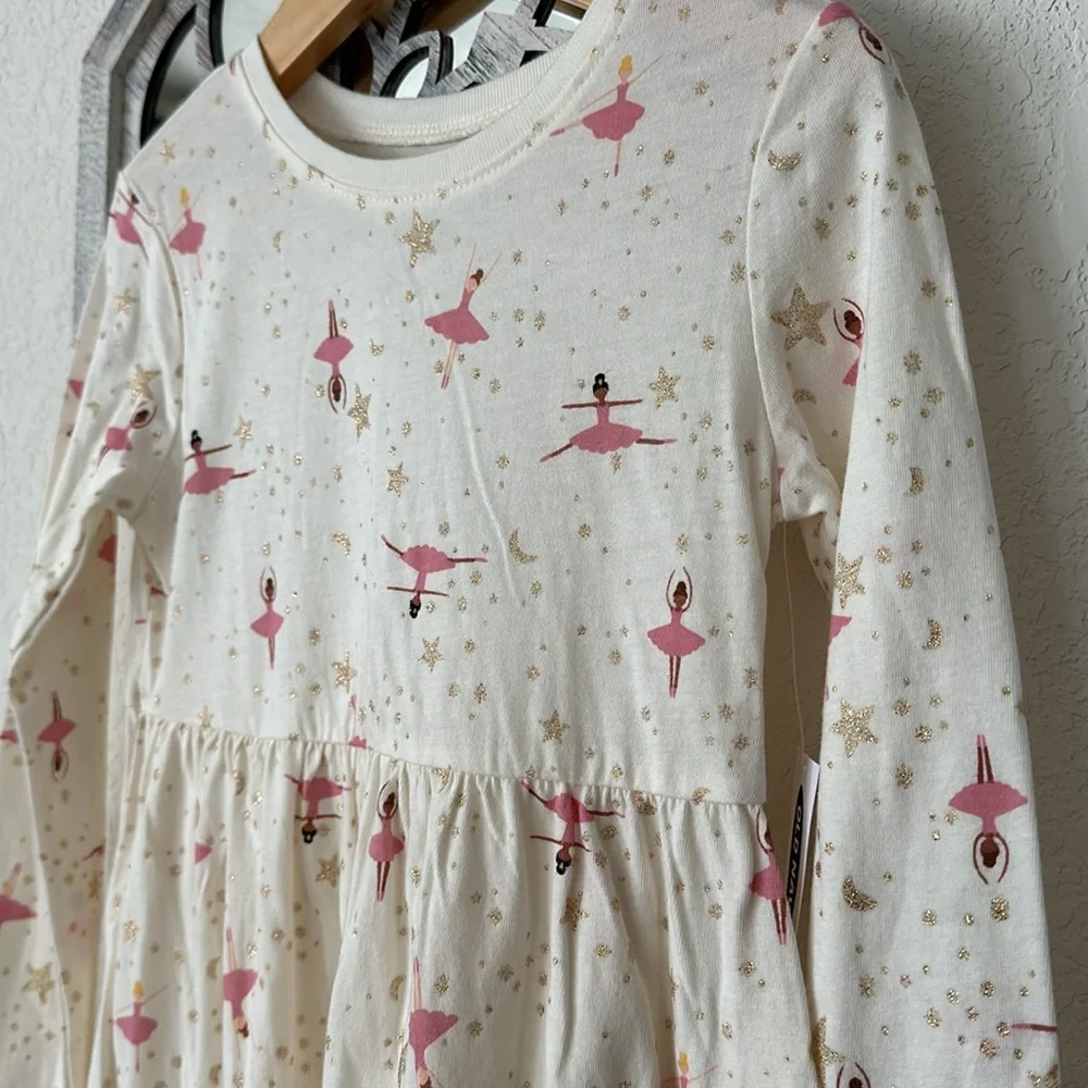 Old Navy • Girls NWT Cream Pink Ballerina Gold Star Long Sleeve Dress